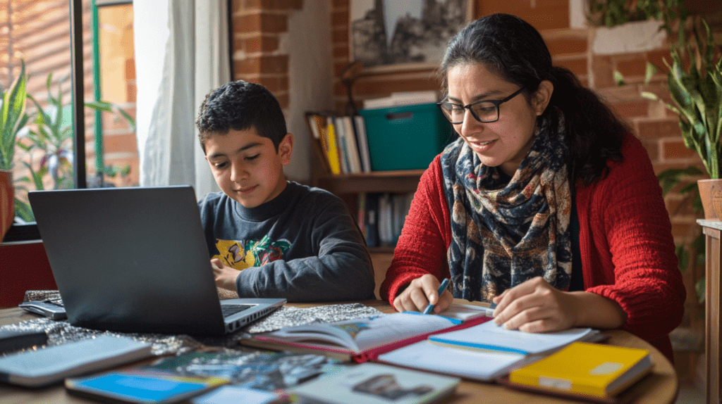 Mamá e hijo estudiando